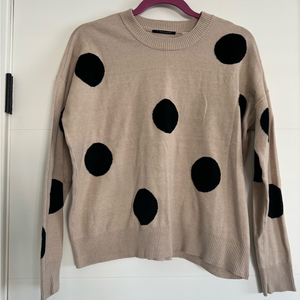 T Tahari Tan Black Polka Dot Lightweight Sweater S